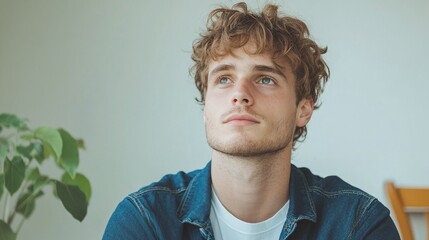 Portrait of young man looking upward, casual style with denim shirt, indoor natural lighting, thoughtful expression, minimalistic composition, close-up profile

