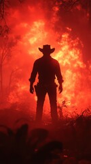 Silhouette of a lone cowboy standing in a fiery landscape, a dramatic and evocative scene.