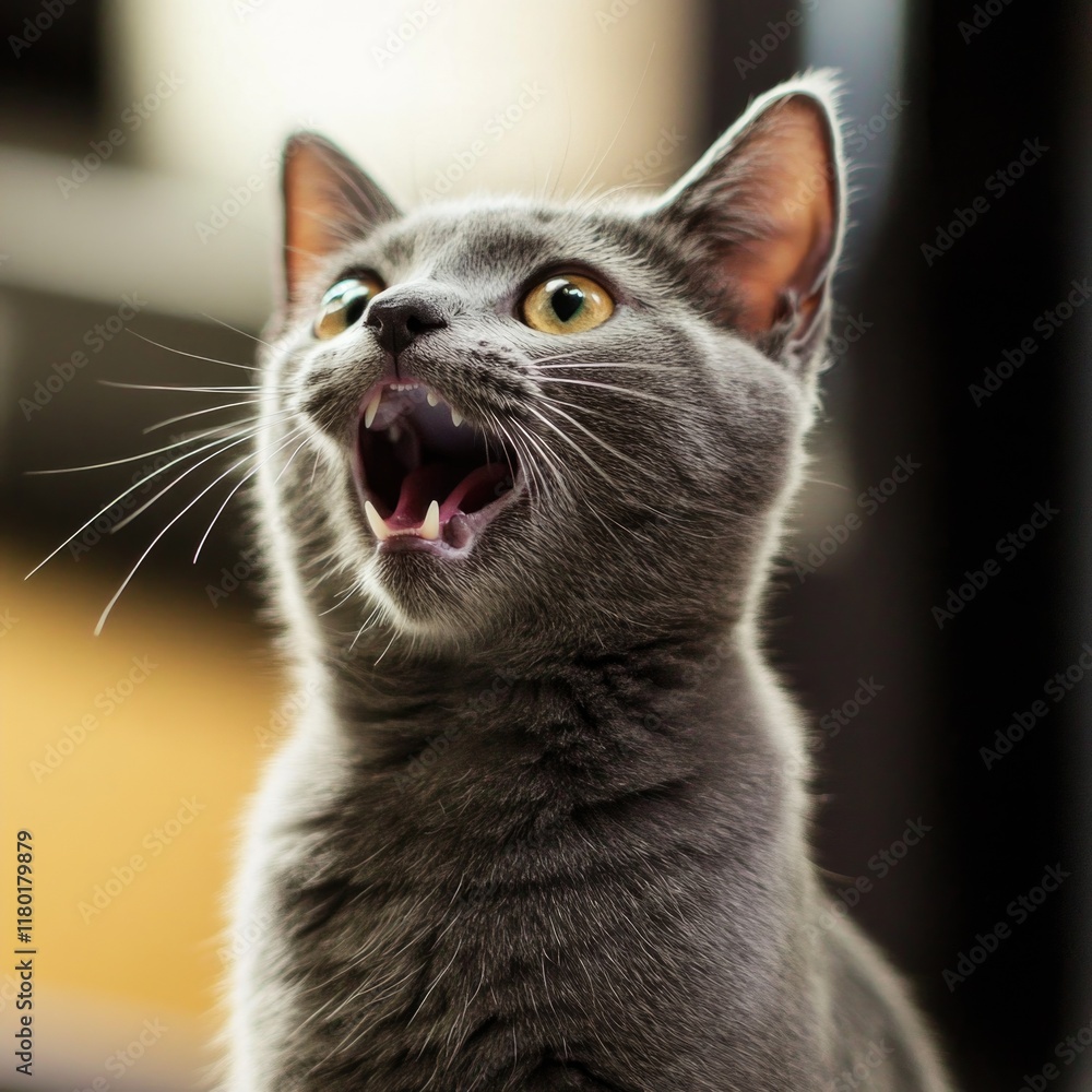 Poster a gray cat with its mouth open, ready for a meow or maybe even a yawn
