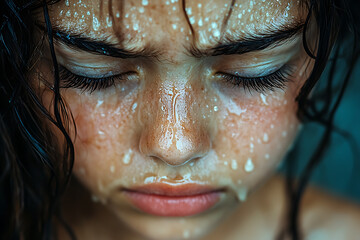 Fototapeta premium A realistic depiction of a child crying, showing tears streaming down their face, expressive emotions, and a vulnerable moment, emphasizing innocence and raw emotion.