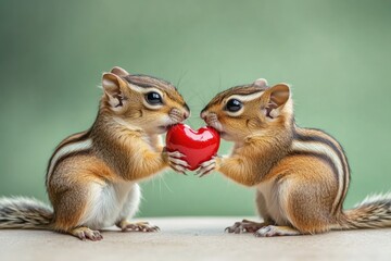 Minimalist Wildlife: Two Chipmunks Sharing a Heart-Shaped Treat for Nature-Inspired Posters