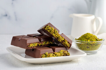 Trend chocolate; Dubai chocolate is made with pistachio paste and kadayif.