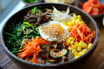 Delicious bibimbap showcasing korean culinary tradition with colorful vegetables, beef, fried egg, and sesame seeds