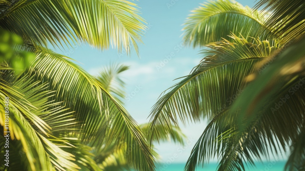 Poster a scenic view of the ocean through palm trees