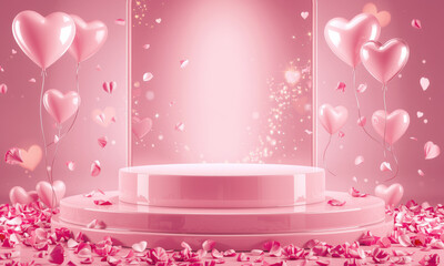 dreamy pink podium surrounded by heart shaped balloons and scattered rose petals, creating romantic and enchanting atmosphere perfect for Valentine Day celebrations