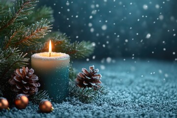 A single lit candle sits atop a snowy ground, providing warmth and light in the winter landscape