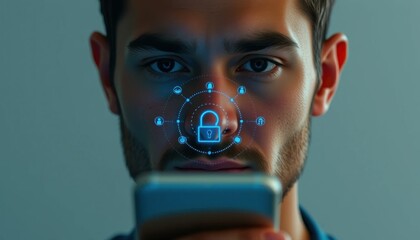 Cybersecurity and Facial Recognition: A Man's Face Overlaid with a Digital Lock and Network Icons on his Smartphone