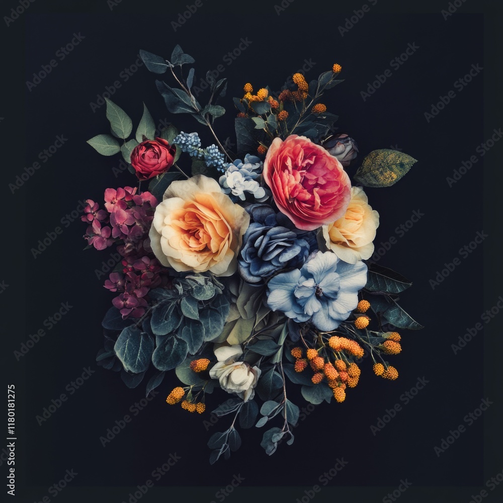 Poster fresh flowers arranged in a bouquet on a dark background, suitable for use in designs or as a decora