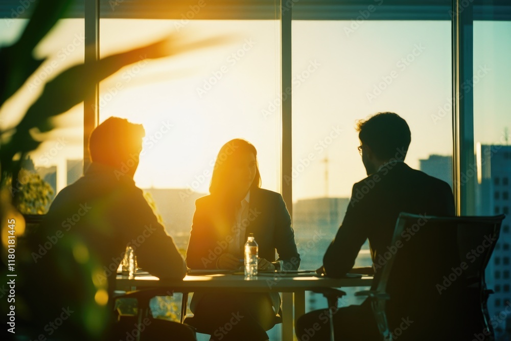 Poster a group of people sit at a table in front of a window, engaged in conversation and activity