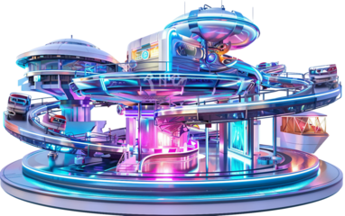 A High-Tech Amusement Park Featuring Virtual Reality Rides and Attractions Isolated on Transparent Background PNG