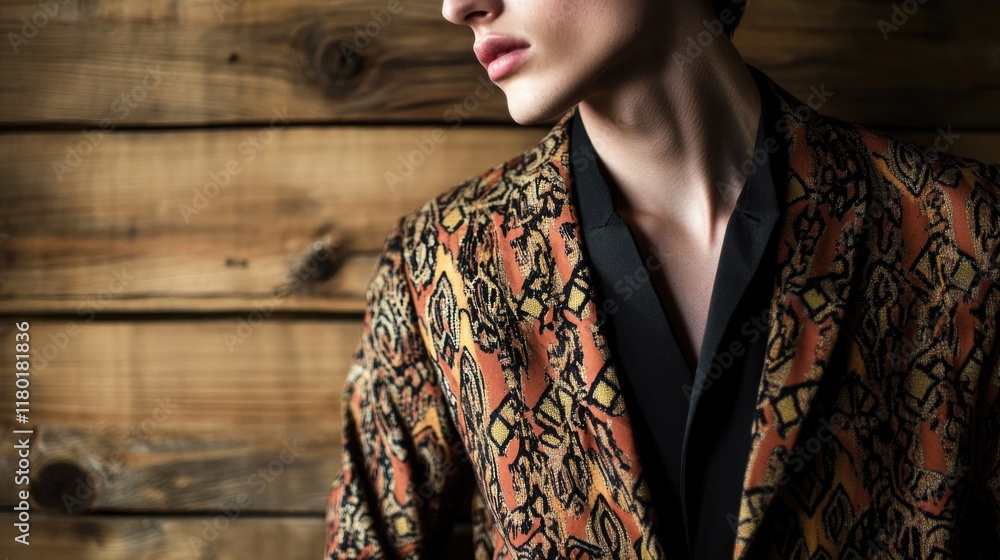 Poster a man dressed in a unique outfit with a patterned jacket and tie, suitable for business or formal ev