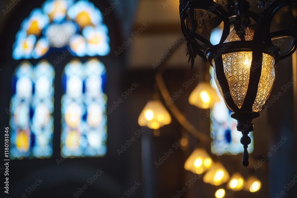 Poster a light hangs from the ceiling above a beautiful stained glass window