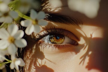 A close-up shot of a person's eye surrounded by colorful flowers
