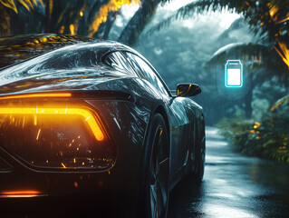 futuristic all electric car driving through a forest or rainforest with 100% charge left 