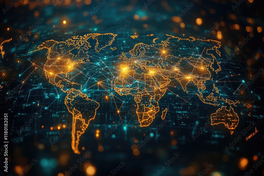 Poster a world map with subtle shading and a dark background, useful for infographics, presentations, or ma