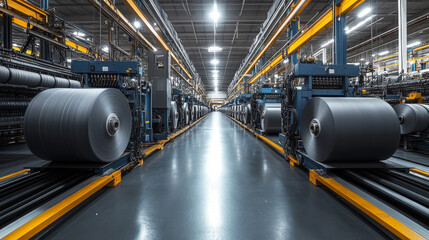 Fototapeta premium textile manufacturing plant showing many modern machines and rolls of grey fibre in operation on the factory floor