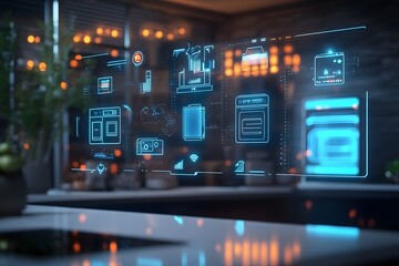 Obraz premium Futuristic Smart Home Interior with Floating Digital Icons and Holographic Gadgets