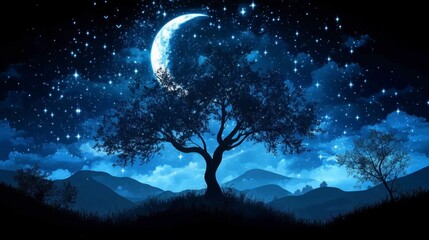 Serene Deep Blue Night Sky, tranquil atmosphere, scattered stars, minimalist 3D design, evokes calmness and wonder