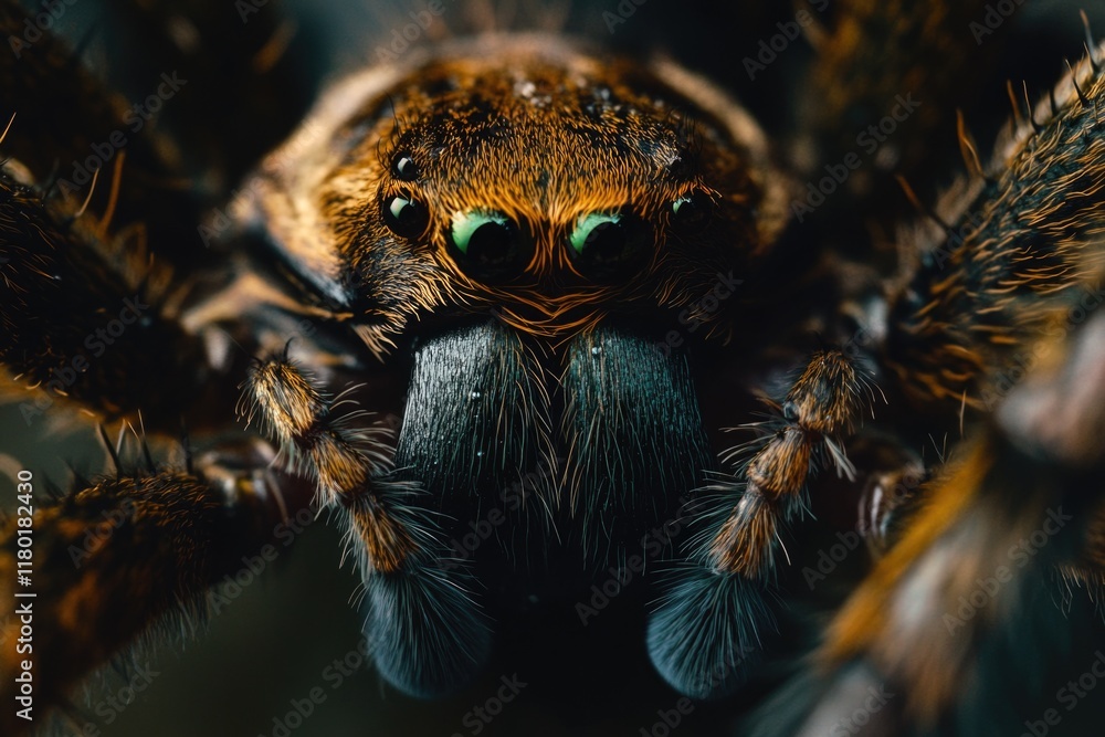 Poster a close-up view of a spider's face with bright green eyes, ideal for use in science and nature illus
