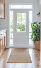 Modern home entrance with a beige jute rug, white door, and large potted plant.