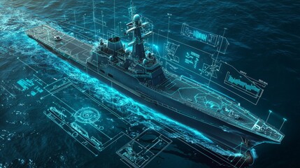 Advanced naval ship with futuristic technical overlay for military innovation and maritime exploration
