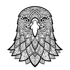 Eagle head zentangle stylized, freehand pencil, ink, hand drawn, pattern. Zen art. Ornate. Lace. Coloring. Black and white image. Eagle head front mandala zentangle coloring. Flat illustration	