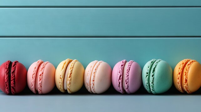 A row of colorful macarons lined up against a blue wall