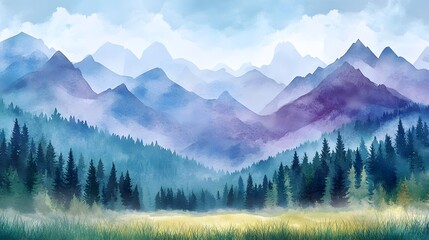 Fototapeta premium Serene Watercolor Landscape of Misty Mountains and Forest