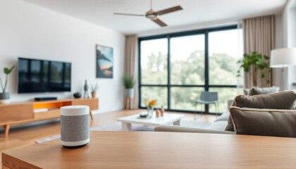Smart Speaker in Modern Living Room with Large Windows and Natural Light