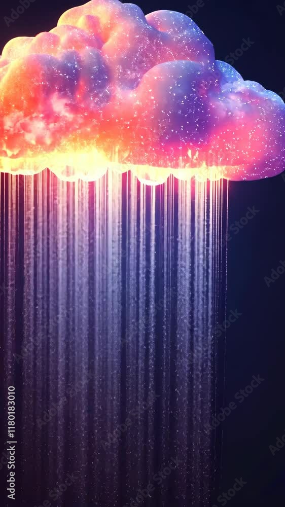 Poster colorful cloud with vibrant lights and cascading rain creates a mesmerizing evening display in a dar