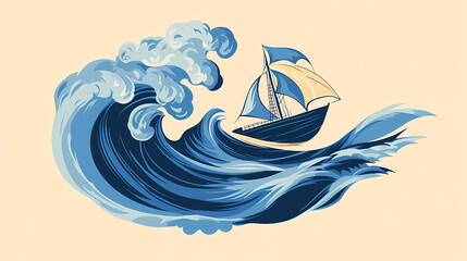 An artistic representation of a boat cresting dynamic ocean waves, showcasing movement and adventure, embodying a spirit of exploration and freedom on the sea. Wavecrest. Illustration