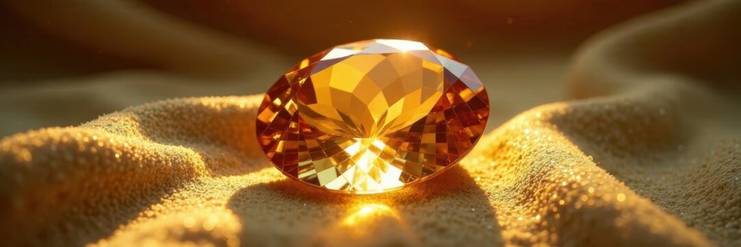Golden yellow topaz gemstone sparkling in sunlight on a velvet cloth, shine, golden
