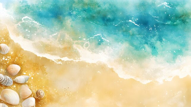 Watercolor Seascape Featuring Shells on Sandy Beach