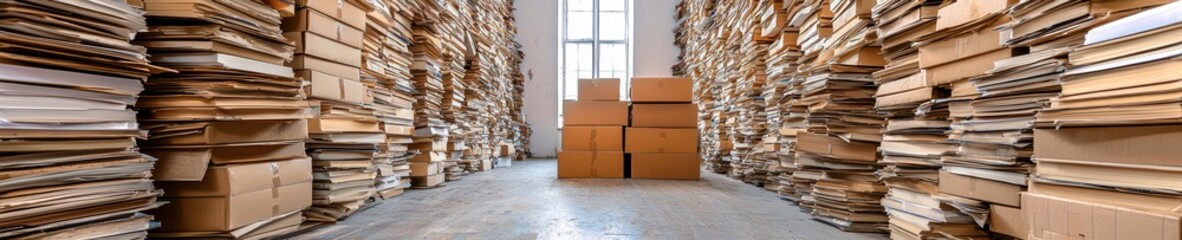 Endless corridor of stacked cardboard boxes and paper files in warehouse