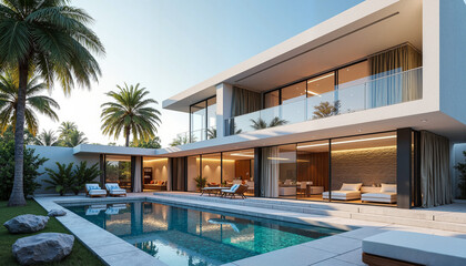 Fototapeta premium Modern villa with pool surrounded by palm trees