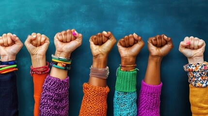 Diverse female unity: multiracial women's fists raised in solidarity against blue background