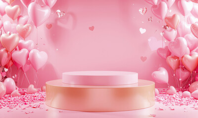 pink and romantic podium surrounded by heart shaped balloons and confetti creates dreamy Valentine Day atmosphere. soft hues and floating hearts evoke love and celebration