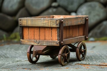 Small wooden cart with metal reinforcements standing on a stone surface, evoking a rustic or vintage feel