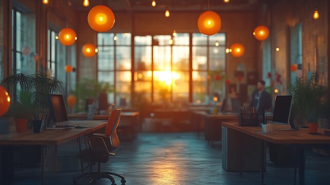 Sunset view in a modern, open-plan office space with warm lighting.