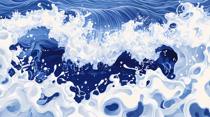 Close-up of foamy ocean waves crashing against each other. the water is a deep blue color, and the foam is white and frothy. Wavecrest. Illustration