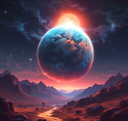 Illustration of outer planet with starry galaxy.