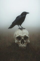 Fototapeta premium A raven perched on top of an old skull in the field