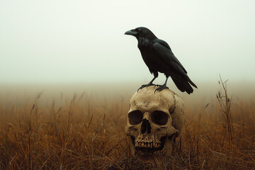 A raven perched on top of an old skull in the field