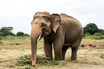 Fototapeta premium An elephant stands in a green field, eating grass