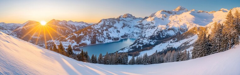 Golden rays light up the snow-covered Alps at sunrise, revealing breathtaking views of pristine slopes and clear blue lakes nestled among the towering peaks, surrounded by trees