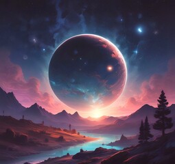 Illustration of outer planet with starry galaxy.