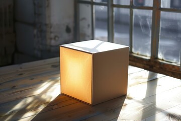 Modern cardboard cube lamp emitting warm light on wooden table in sunlit room, creating cozy atmosphere