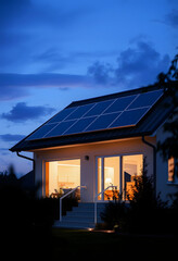 Solar panels on the roof. Beautiful modern house day and night. Ecology idea - solar energy at home, simple style, with white tones