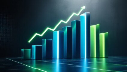 Neon bar graph rising, stock market informations. Growing Bar concept. Abstract futuristic bar chart