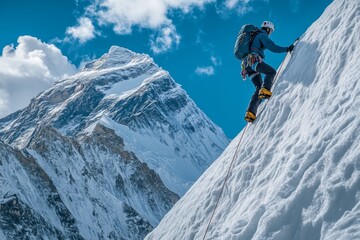 A climber makes their way up a snow-covered slope, harnessed and focused, with towering icy peaks and a brilliant blue sky in the background, showcasing the challenge of high-altitude climbing